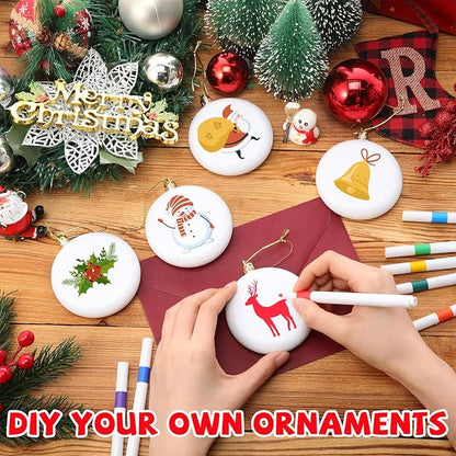 Syhood 12 Pcs 4'' DIY Christmas Blank White Ball Ornaments Set Plastic Matte Flat Discs Ornaments DIY Xmas Tree Decoration with Acrylic Paint Markers Gems Stickers for Crafts Party Decor