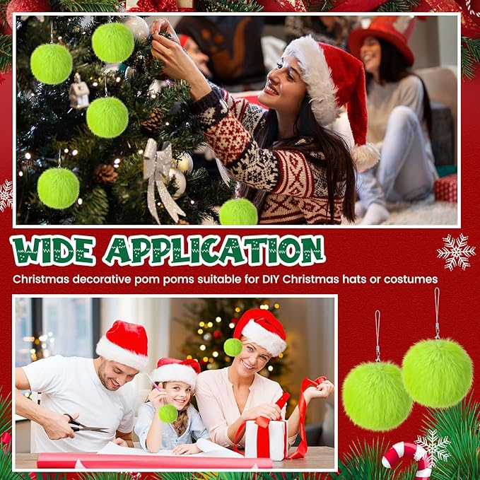 Nuenen 72 Pcs 3.15 Inch Lime Green Furry Christmas Ball Ornaments Christmas Pom Poms Ornaments Faux Rabbit Fur Balls Bulk with Elastic Band for Xmas Tree Decorations DIY Craft Hat Keychain (Green)