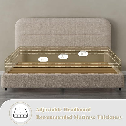 King Size Boucle Bed Frame, Upholstered Cloud Bed Frame with Headboard, Soft Platform with Thickened Footboard, Rounded Corners, No Box Spring Required, Easy Assembly, Beige
