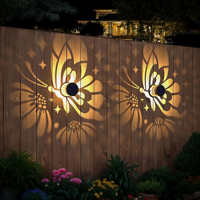 Solar Fence Lights 4 Pack Solar Deck Lamps Outdoor Decorations Powered Step Lights Wall Waterproof LED Warm Decorative Lighting for Garden (Butterfly-Flower, 4)