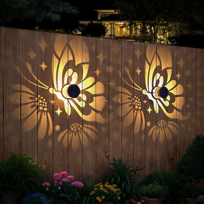 Solar Fence Lights 4 Pack Solar Deck Lamps Outdoor Decorations Powered Step Lights Wall Waterproof LED Warm Decorative Lighting for Garden (Butterfly-Flower, 4)