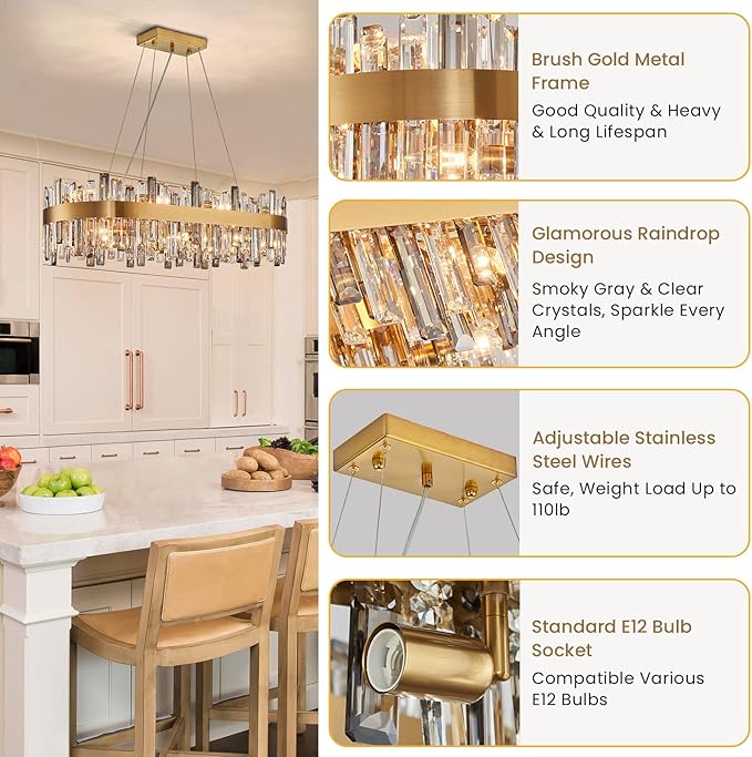 Siljoy 16-Light Modern Crystal Chandelier for Dining Room, Luxury Gold Rectangular Crystal Raindrop Chandelier, Farmhouse Oval Adjustable Pendant Ceiling Light for Living Room Kitchen Island L35.4''