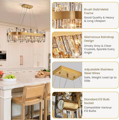 Siljoy 16-Light Modern Crystal Chandelier for Dining Room, Luxury Gold Rectangular Crystal Raindrop Chandelier, Farmhouse Oval Adjustable Pendant Ceiling Light for Living Room Kitchen Island L35.4''