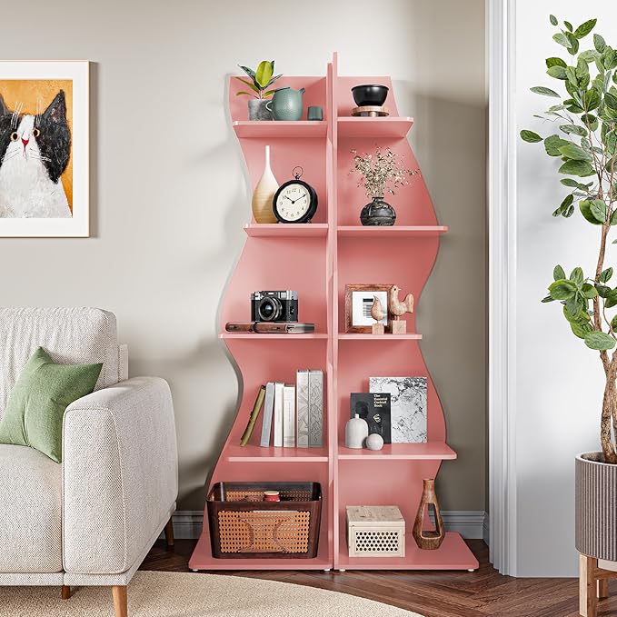 LITTLE TREE 70-Inch Corner Shelf, Seaweed Shaped Etagere Display Bookshelf, Freestanding 5-Tier Wall Shelves for Small Spaces, Living Room, Bedroom, Pink, 2 Pack