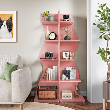 LITTLE TREE Small Corner Shelf, Modern 5-Tier Wall Corner Bookshelf, Stylish Bookcase Storage Rack for Small Space, Living Room, Bedroom, Pink, 1 Pack