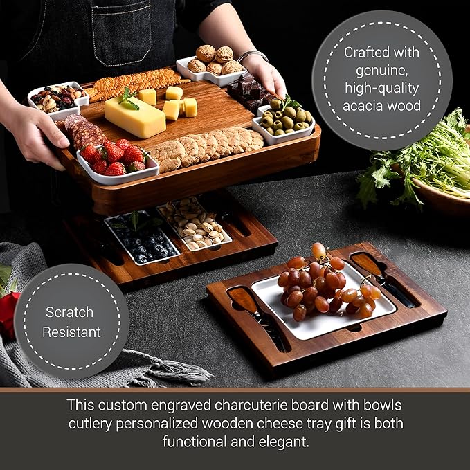 Shanik Upgraded Acacia Cheese Board Set, Square Shaped Charcuterie Set, Cheese Platter, Handcrafted Design and Stainless SteelCutlery Set - Gift for Any Occasion with Engraving