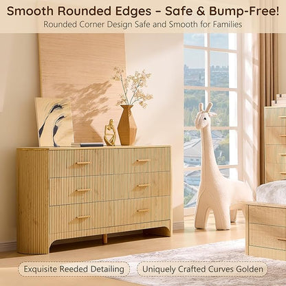 Fluted 6 Drawer Dresser for Bedroom with Curved Profile Design,53.9" W Chest of Drawers with Reeded Texture,Wide Storage Cabinet with Smooth-Glide Drawers,gold metal handle or Living Room,Natural Oak