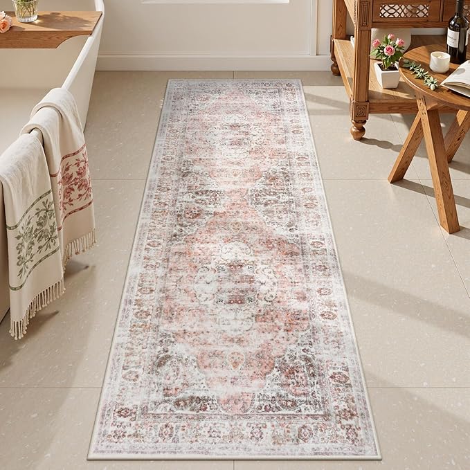 Uphome Bathroom Runner Rug, Distressed Tribal Farmhouse Blush Pink Bathroom Mat, Large Bathroom Rugs Non Slip Washable, Oriental Retro Boho Bath Mat Runner for Bathtub Sink Hallway, 24x59 inch