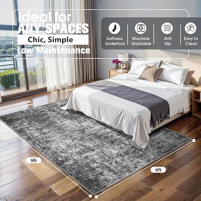 6x9 Area Rugs for Living Room Rug Washable: Abstract Rug for Dining Room Bedroom Carpet Non Slip 6 by 9 Indoor Modern Nursery Home Office Black Grey