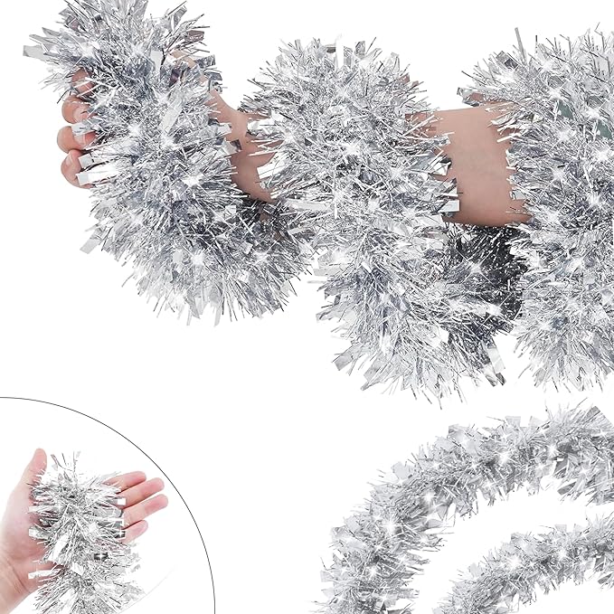 50FT Silver Tinsel Christmas Garland Metallic Twist Garland Shiny Hanging Tinsel for Christmas Tree Party Supplies Indoor Outdoor Home Xmas Decoration (Silver)