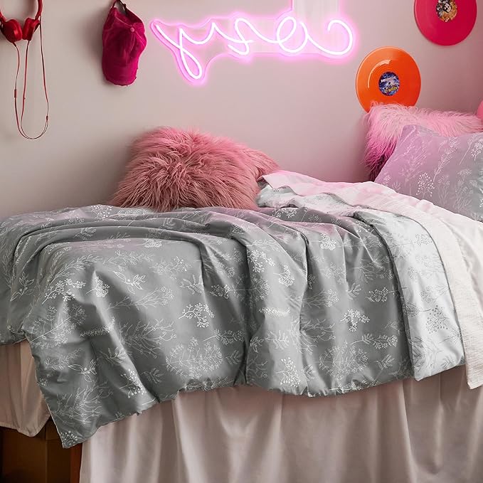 Bedsure Twin/Twin XL Comforter Set - Grey Bed Set, 2 Pieces Cute Floral Bedding, 1 Soft Reversible Botanical Flowers Comforter and 1 Pillow Sham