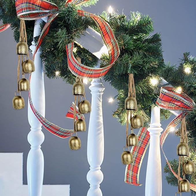 Styleonme Decorative Bells, Christmas Decor, Huangma Hanging Rope Metal Decorative Bull Bells, 4 * 2 Piece Set of Harmonious Bells, Vintage Handmade Rustic Lucky Christmas Bells