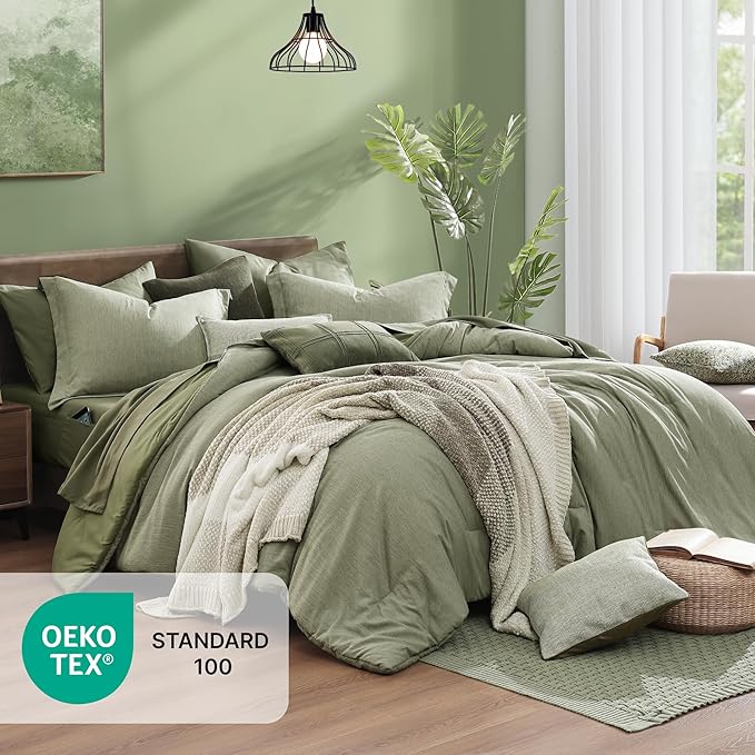Monbix California King Comforter Set - 7 Pieces Cationic Dyeing Sage Green Bed in a Bag Cal King Bed Sets with Comforter, Sheets, Pillowcases & Shams, Reversible Bedding Comforters Sets (108 * 92)