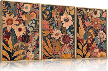 HOURIA Large Orange Flower Framed Canvas Wall Art Set,Boho Mid Century Modern Floral Botanical Wall Decor,Retro Vintage Blossom Artwork,Neutral Plant Art Print for Living Room,Bedroom,Office-24"x36"x3