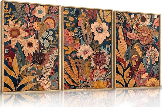 HOURIA Large Orange Flower Framed Canvas Wall Art Set,Boho Mid Century Modern Floral Botanical Wall Decor,Retro Vintage Blossom Artwork,Neutral Plant Art Print for Living Room,Bedroom,Office-16"x24"x3