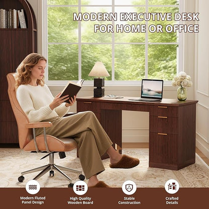 FURSUN 58" Fluted Modern Desk with Storage, Home Office Desk with 1 File Cabinet & 5 Drawers, Wood Executive Computer Writing Desk for Study, Living Room, Bedroom, Dark Walnut