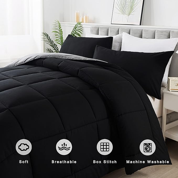 DOWNCOOL King Size Comforter Set -All Season Bedding Comforters Sets with 2 Pillow Cases -3 Pieces Bed Set Down Alternative King Bedding Set -Black/Grey King Comforter Set(102"x90")