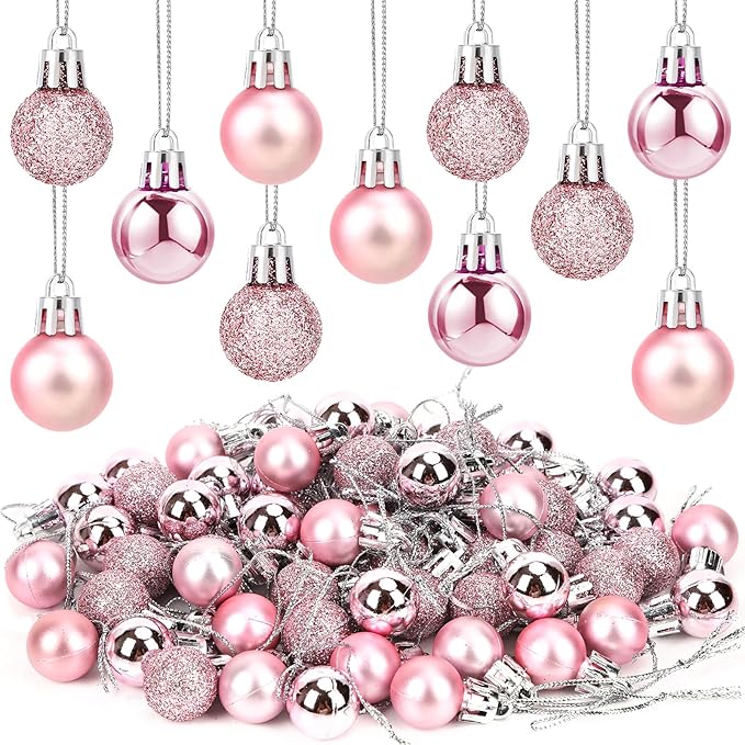 Jansun 60PCS Pink Christmas Mini Balls Ornaments Miniature Xmas Tree Hanging Decorations Small Vintage Glitter Balls for Holiday Party Outdoor Indoor DIY Craft Decor Supplies