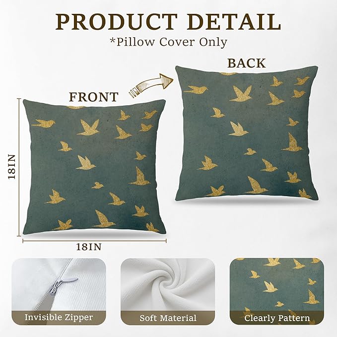 Japanese Elegant Gold Crane Bird Pillow Covers 18x18, Japandi Home Decor, Modern Minimalist Traditional Oriental Asian Birds Pillow Cover Pillowcase for Home Bedroom Bed Couch Living Room