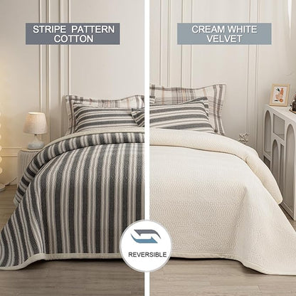 Cotton Striped Quilt Set King 3 Piece Lightweight Reversible Bedding, Stripe Grey White