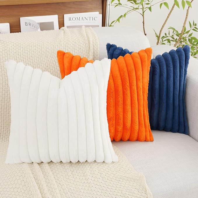 decorUhome Faux Fur Christmas Throw Pillow Covers 12x20 Set of 2, Decorative Soft Plush Striped Lumbar Neutral Euro Pillow Covers with Velvet Back for Bed, Living Room Home Decor, White