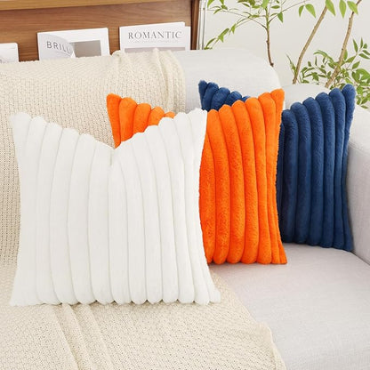 decorUhome Faux Fur Christmas Throw Pillow Covers 12x20 Set of 2, Decorative Soft Plush Striped Lumbar Neutral Euro Pillow Covers with Velvet Back for Bed, Living Room Home Decor, White