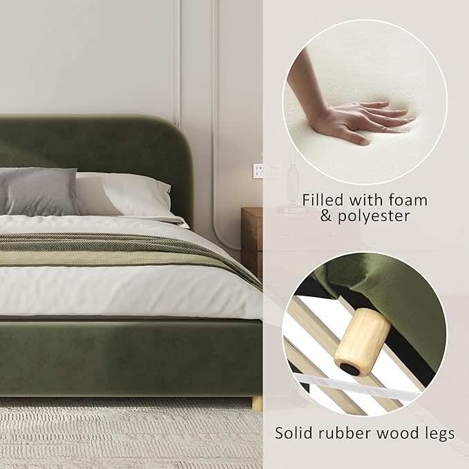 Green King Size Bed Frame, Upholstered Cloud Boucle Platform Beds Frames with Headboard, Anti-Collision Soft Rounded Corners Footboard, No Box Spring Required, Easy Assembly (Olive Green, King)