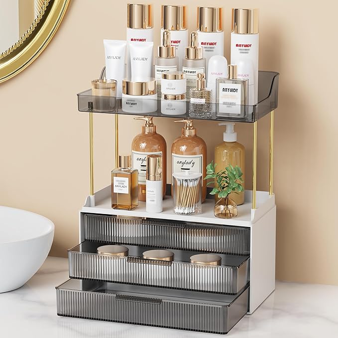 Bathroom Organizers and Storage, Makeup Organizer (Sturdy Durable Attractive), Ideal for Vanity, Countertop, Counter, Perfume, Skincare, Cabinet, Cosmetic, Dresser Organizer (Black)