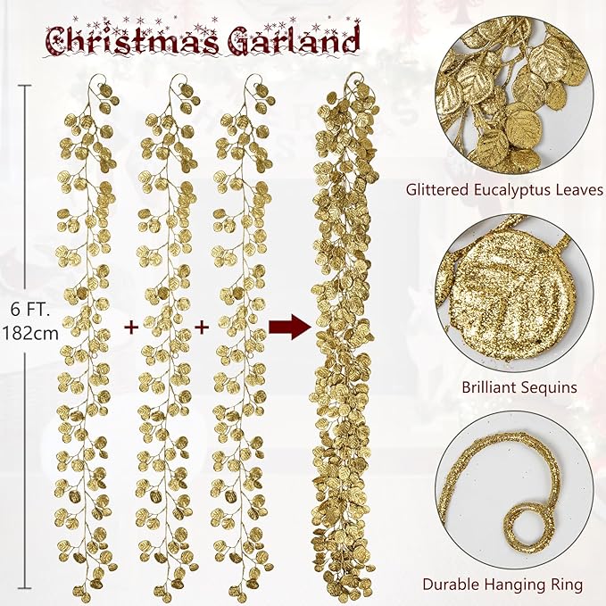 3 Pcs 6FT Christmas Garland Gold Glittered Artificial Eucalyptus Leaves for Mantle Christmas Tree Decorations Hanging Garland Ornaments Garden Table Shelf Door Window Wall Stair Holiday Home Decor
