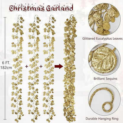 3 Pcs 6FT Christmas Garland Gold Glittered Artificial Eucalyptus Leaves for Mantle Christmas Tree Decorations Hanging Garland Ornaments Garden Table Shelf Door Window Wall Stair Holiday Home Decor