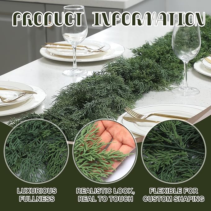 Dingion 2 Pcs 6 ft Christmas Cedar Garland - Artificial Realistic Green Faux Cedar Pine Garland Soft and Thick for Home Table, Mantle, Wall, Door, Indoor & Outdoor Christmas Party Decorations