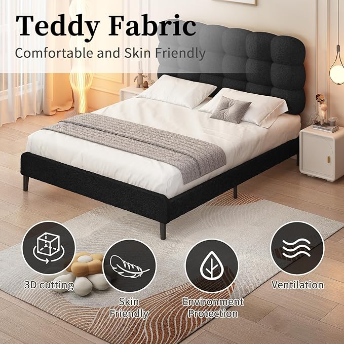 BarnFurin Twin Bed Frame, Platform Bed with Upholstered Headboard, Teddy Soft Boucle Fabric Bed Frame with Wooden Slats Support, Two Bed Forms Design, No Boxing Spring Needed, Easy Assembly, Black
