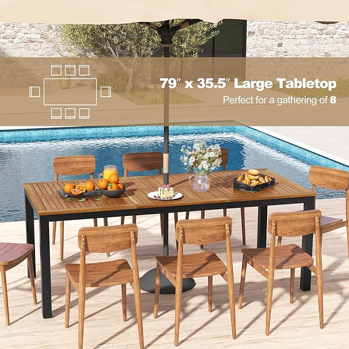 Tangkula 8-Person Outdoor Dining Table, 79 Inch Acacia Wood Patio Table with Umbrella Hole, Metal Legs & Adjustable Foot Pads, Farmhouse Bistro Table for Garden, Poolside & Backyard