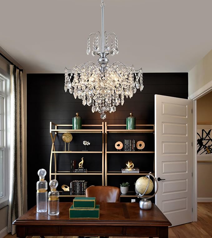 Q&S Modern Crystal Chandelier Chrome Pendant Light 6 Lights for Dining Room Kitchen Island Entryway Bathroom Hallway UL Listed