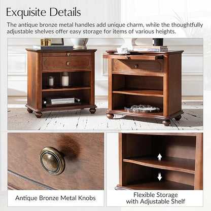 HULALA HOME Wooden Nightstand with Pull-Out Shelf, Mid Century Modern Nightstand with Solid Wood Drawers and Legs, Adjustable Storage, Brown