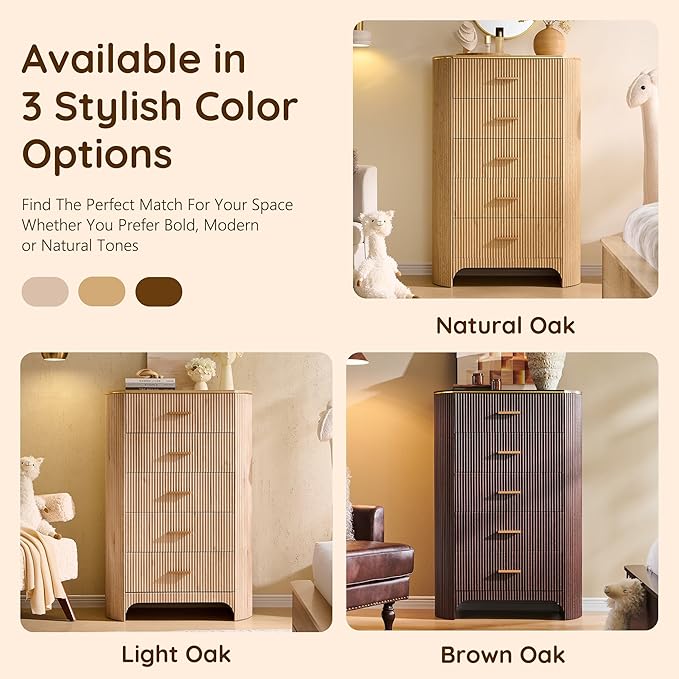 Fluted 5 Drawer Tall Dresser with Curved Profile,47.8" Tall Drawers with Reeded Texture,Gold Handles Storage Organizer Cabinet for Bedroom,Living Room,Entryway,Light Oak