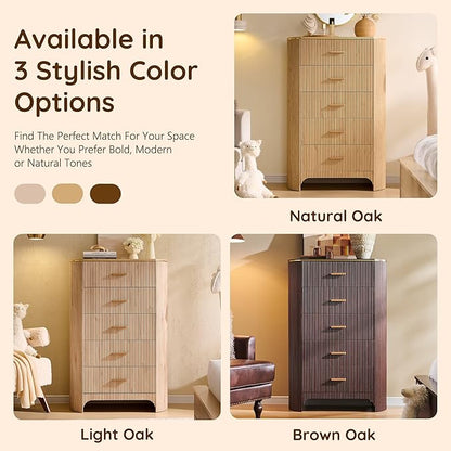 Fluted 5 Drawer Tall Dresser with Curved Profile,47.8" Tall Drawers with Reeded Texture,Gold Handles Storage Organizer Cabinet for Bedroom,Living Room,Entryway,Light Oak