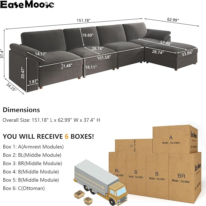 EASE MOOSE Cloud Sectional Modular Sofa,Comfty L Shape Sectional Deep seat Modular Sofa with Ottoman,Oversized Cloud couchfor Living Room
