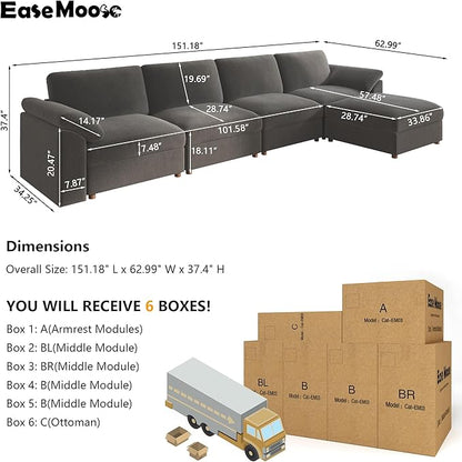 EASE MOOSE Cloud Sectional Modular Sofa,Comfty L Shape Sectional Deep seat Modular Sofa with Ottoman,Oversized Cloud couchfor Living Room