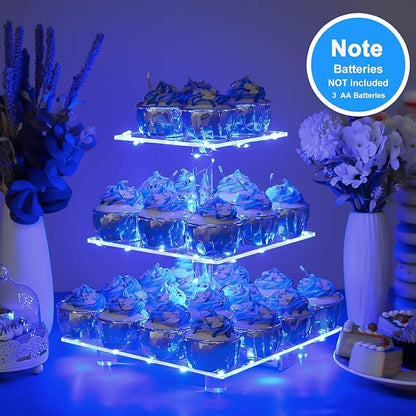YestBuy 3 Tier Square Cupcake Stand - Premium Cupcake Holder - Acrylic Cupcake Tower Display - Cady Bar Party Décor + LED Light String - Ideal for Weddings, Birthday Parties( Blue Light)