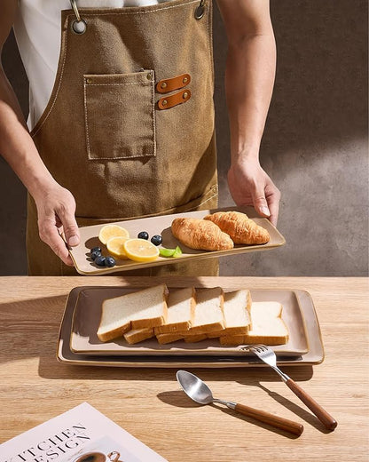 famiware Serving Platter, Rectangular 15.67/14.1/12.6 inch Serving Dishes for Entertaining, Microwave Dishwasher Safe, Stonware for Party, Turkey, Cheese, Ocean Series, Cinnamon Brown