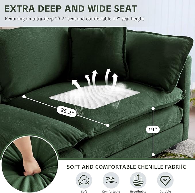 SoarFlash Chenille Sectional Sofa, Comfy Modular Loveseat Sofa, Modern 3-Seat Couch Deep Seat Sofa Set for Living Room,Green