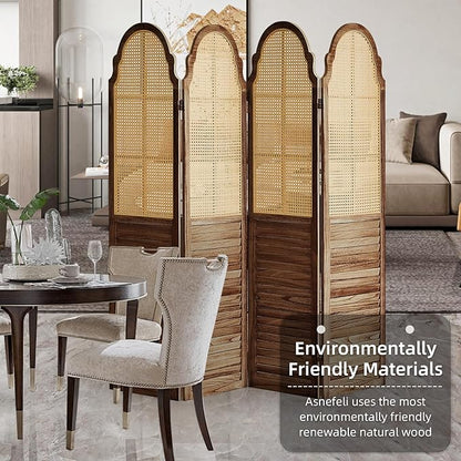4 Panels Room Divider Wall, Rustic Rattan Room Divider, Wood Folding Privacy Screen, Foldable Wood Divider Wall, Portable Partition Screen, Wall Divider for Room Separation (Brown)