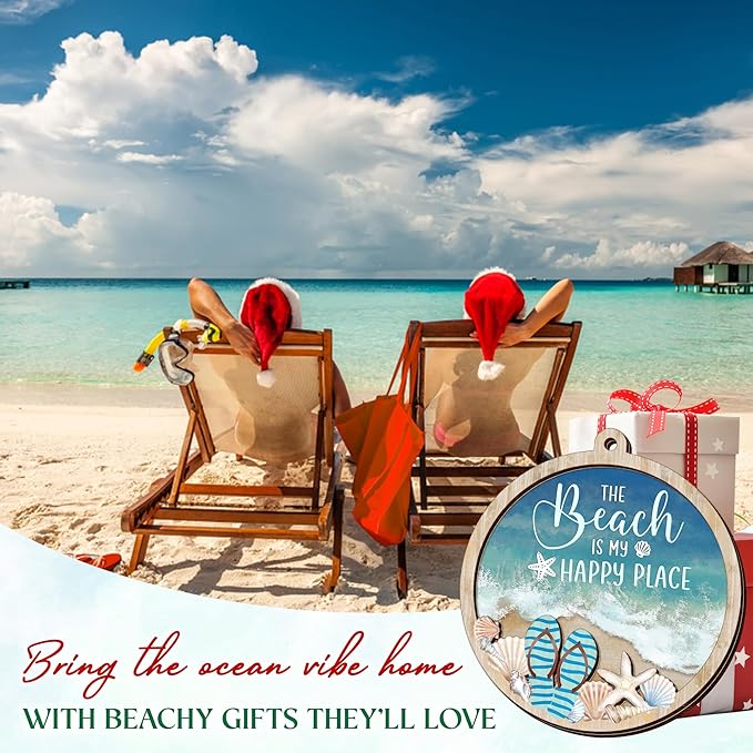 Beach Gifts for Women Men - Wooden Christmas Ornaments 2025 for Tree Decorations - Beach Themed Gifts for Mom Dad Family Friends Couple, Beachy Coastal Decor for Christmas Decorations