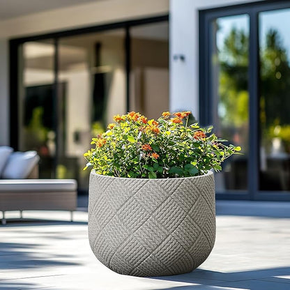LuxenHome 14-Inch Dia Round Concrete Planters, Large Outdoor Indoor Decorative Plant Pots with Drainage Holes and Rubber Plug, Modern Gray Glen Woven Pattern Flower Pot Planters for Home Garden Patio