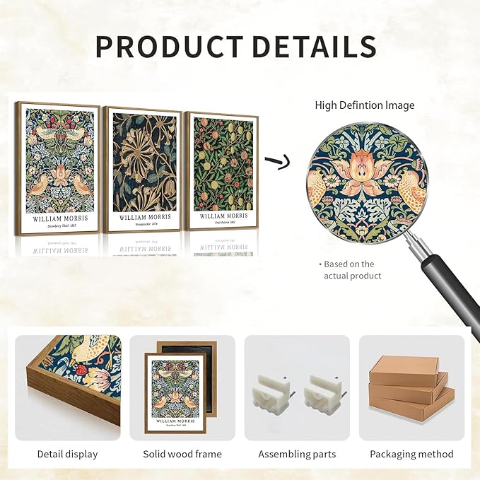 ILLBDR William Morris Framed Wall Art Vintage Botanical Canvas Wall Art Set of 3 Gold Strawberry Thief Prints Cotton Artwork Birds Pictures Decor for Bedroom Living Room 16x24 Inch