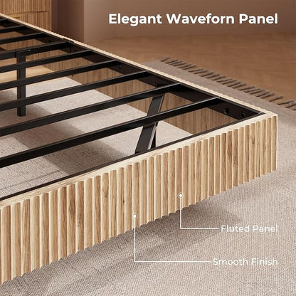 Evermagin Natural King Floating Bed Frame with led Lights, Bohemia Fluted Floating Platform Bed No Headboard, Heavy Duty Metal Float Bedframe No Box Spring Needed