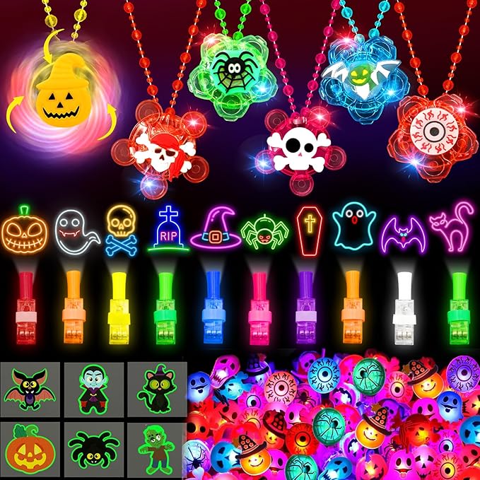 Halloween Party Favors for Kids, 100 Pack Glow in the Dark Toys Rotating Light Up Necklaces LED Flash Rings Halloween Toys Bulk for Halloween Party Classroom Prizes Goodie Bags Trick or Treats Gifts