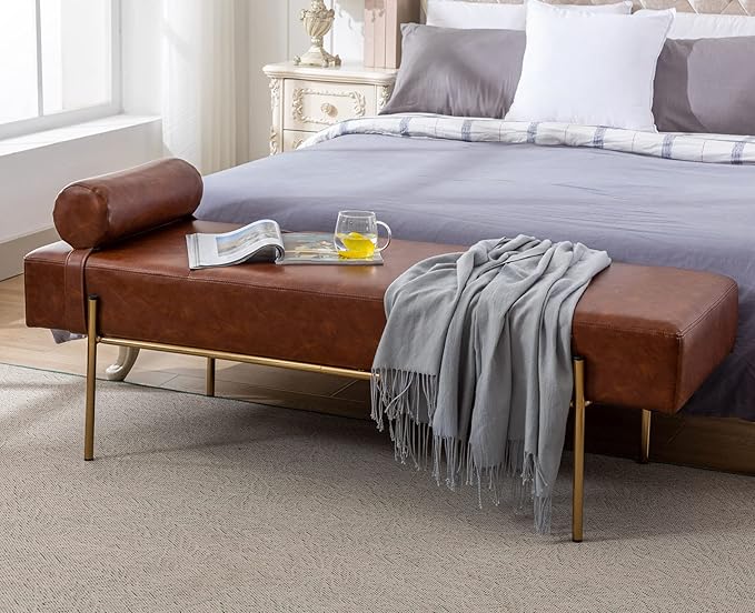 Modern End of Bed Bench, Upholstered Entryway Bench with Detachable Pillow for Living Room, PU Leather Ottoman Bench with Gold Metal Legs, Comfy Cushion Bedroom Decoration Benches (Brown)