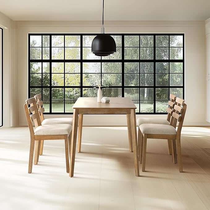 Modern Dining Table Set for 4, Wooden Farmhouse Dining Roon Table and Solid Wood Chairs, 7-Piece Dining Set for Home, Kitchen, Dining Room, 6 Upholstered Chairs, Solid Wood Legs